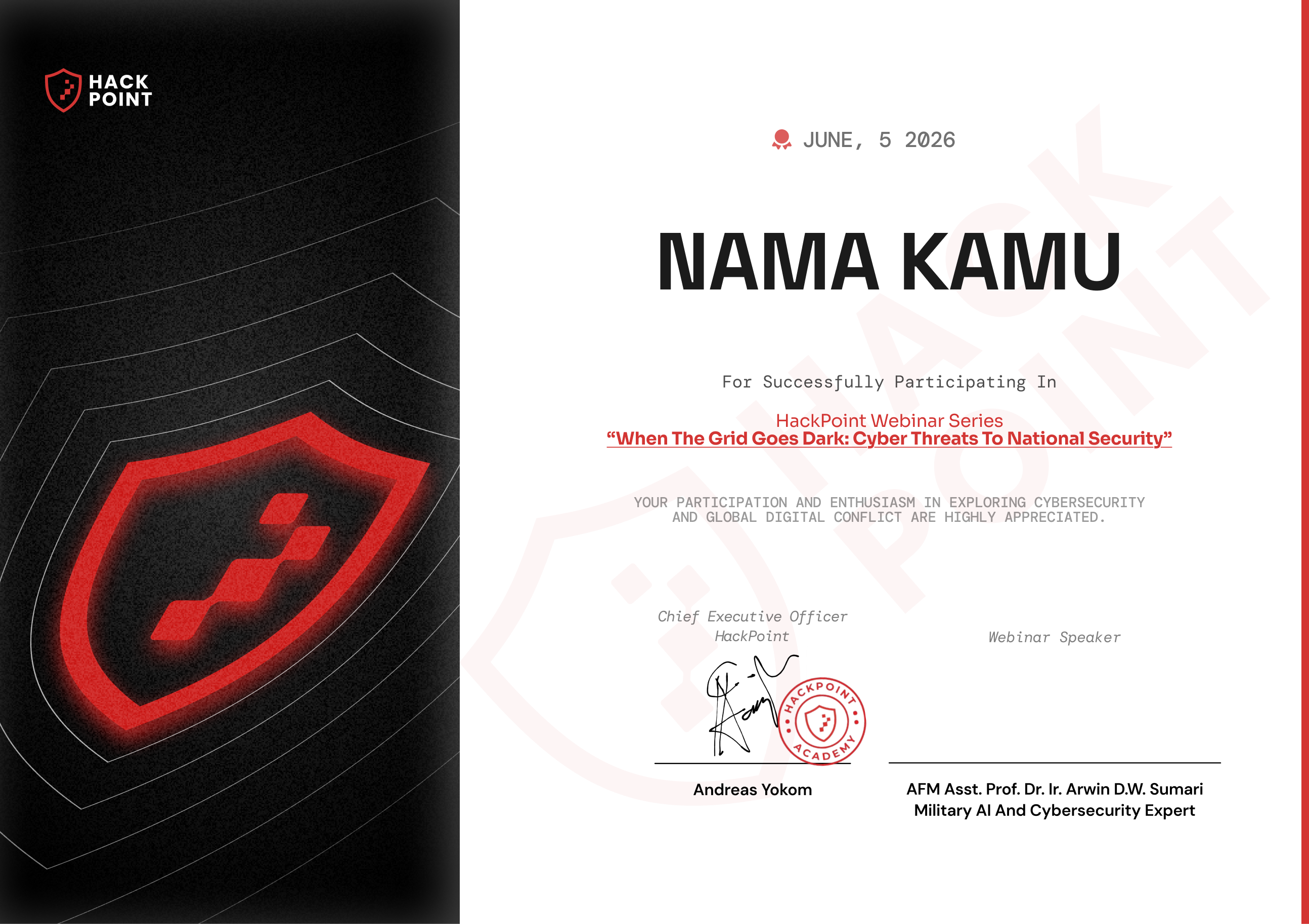 Certificate Preview - WHEN THE GRID GOES DARK: Cyber Threats (Materi & Certificate)